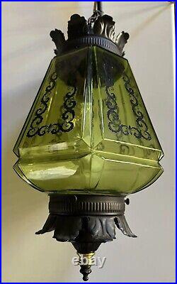 Vtg MCM Pair Of Green Glass Globe Gothic Style Chandelier Sconce Lights Wired