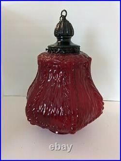 Vtg MCM Red Globe HANGING Glass Retro SWAG LAMP Light Red Glass Boho