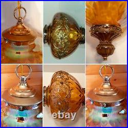 Vtg MCM Retro Amber/Peach Iridescent Coin Spot Glass Hanging Swag Light/Lamp