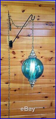 Vtg MCM Retro Atomic Blue Glass Hanging Ball Swag Light/Lamp