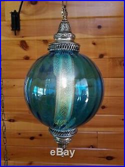 Vtg MCM Retro Atomic Blue Glass Hanging Ball Swag Light/Lamp