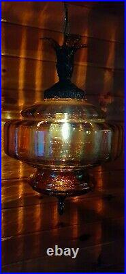 Vtg MCM Retro Fushia/Mauve Carnival Glass Hanging Swag Light/Lamp