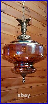 Vtg MCM Retro Fushia/Mauve Carnival Glass Hanging Swag Light/Lamp