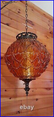 Vtg MCM Retro HUGE Hanging Swag Light/Lamp Amber Glass 3D Design