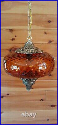 Vtg MCM Retro Hanging Mini Swag Light/Lamp Amber Rootbeer Glass Coinspot Design