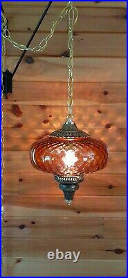 Vtg MCM Retro Hanging Mini Swag Light/Lamp Amber Rootbeer Glass Coinspot Design