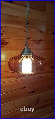 Vtg MCM Retro Hanging Mini Swag Light/Lamp Amber Rootbeer Glass Scallop Design