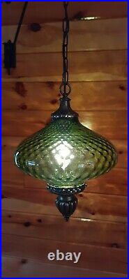 Vtg MCM Retro Hanging Mini Swag Light/Lamp Green Glass Coinspot Design