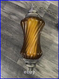 Vtg MCM Retro Hanging Swag Light Lamp Amber Glass Mid Century Diffuser 21