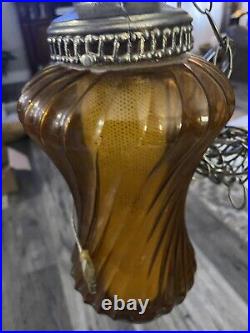 Vtg MCM Retro Hanging Swag Light Lamp Amber Glass Mid Century Diffuser 21