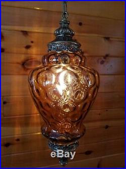 Vtg MCM Retro Hanging Swag Light/Lamp Amber Rootbeer Glass Coinspot Design