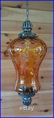 Vtg MCM Retro Hanging Swag Light/Lamp Amber Rootbeer Glass Coinspot Design