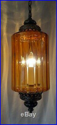 Vtg MCM Retro Hanging Swag Light/Lamp Amber Rootbeer Glass Design