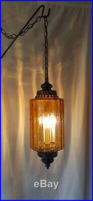 Vtg MCM Retro Hanging Swag Light/Lamp Amber Rootbeer Glass Design
