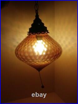Vtg MCM Retro Hanging Swag Light/Lamp Amber Rootbeer Glass Dimple Coin Spot Ptrn