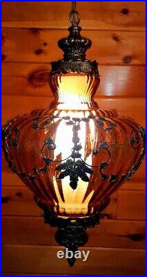 Vtg MCM Retro Hanging Swag Light/Lamp Amber Rootbeer Glass Stencil Design
