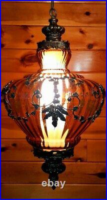 Vtg MCM Retro Hanging Swag Light/Lamp Amber Rootbeer Glass Stencil Design