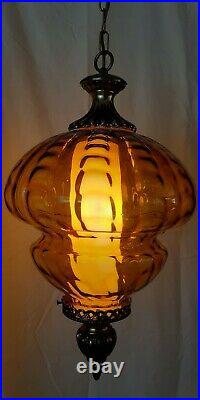 Vtg MCM Retro Hanging Swag Light/Lamp Amber Rootbeer Glass Swirl Design