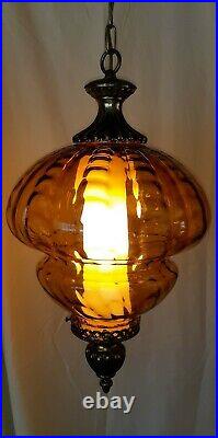 Vtg MCM Retro Hanging Swag Light/Lamp Amber Rootbeer Glass Swirl Design