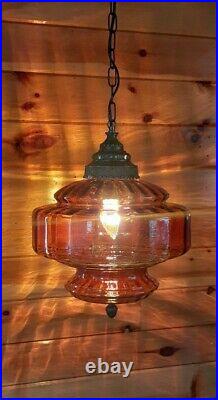 Vtg MCM Retro Hanging Swag Light/Lamp Rootbeer Amber Stripe Glass 2 Available