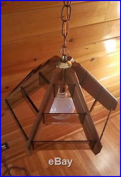 Vtg MCM Retro Pendant Smoked Glass Panel Wood Hanging Swag Light Lamp