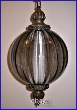 Vtg. MCM Ribbed Smoked Glass Globe withDiffuser Hanging Pendant Swag Lamp withChain