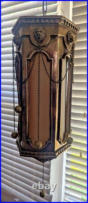 Vtg MCM Swag Hanging Chain Lamp Lion Head Hollywood Regency 21x9 14lbs Works