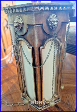 Vtg MCM Swag Hanging Chain Lamp Lion Head Hollywood Regency 21x9 14lbs Works