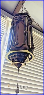 Vtg MCM Swag Hanging Chain Lamp Lion Head Hollywood Regency 21x9 14lbs Works