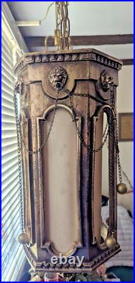 Vtg MCM Swag Hanging Chain Lamp Lion Head Hollywood Regency 21x9 14lbs Works