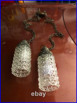 Vtg MCM Swag Lamp Hollywood Regency 2 Glass Hanging Pendants Lights Mid Century
