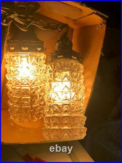Vtg MCM Swag Lamp Hollywood Regency 2 Glass Hanging Pendants Lights Mid Century