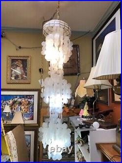 Vtg MCM Three lamp capiz shell chandelier, Over 6ft tall, works great