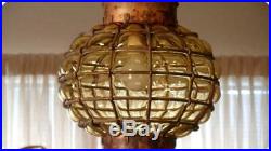 Vtg MID Century Regency Amber & Brass Metal Glass Globe Swag Hanging Light Lamp