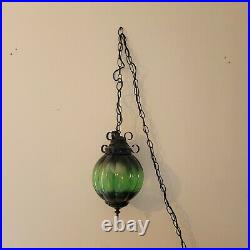 Vtg MId Evil MCM Green Glass Globe Hanging Swag Lamp Light Metal Chain