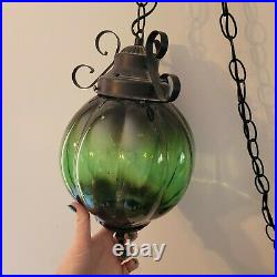 Vtg MId Evil MCM Green Glass Globe Hanging Swag Lamp Light Metal Chain
