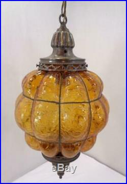Vtg Mid Century Amber Crackle Bubble Glass Swag Light Ceiling Hanging Lamp