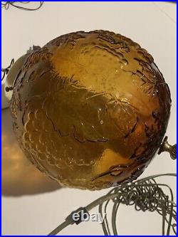Vtg Mid Century Amber Glass Globe Hanging Swag Lamp Grape Pattern Corded Switch