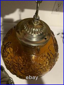Vtg Mid Century Amber Glass Globe Hanging Swag Lamp Grape Pattern Corded Switch