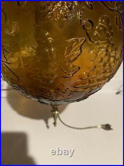 Vtg Mid Century Amber Glass Globe Hanging Swag Lamp Grape Pattern Corded Switch