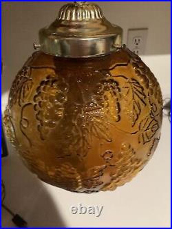 Vtg Mid Century Amber Glass Globe Hanging Swag Lamp Grape Pattern Corded Switch