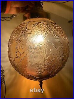 Vtg Mid Century Amber Glass Globe Hanging Swag Lamp Grape Pattern Corded Switch