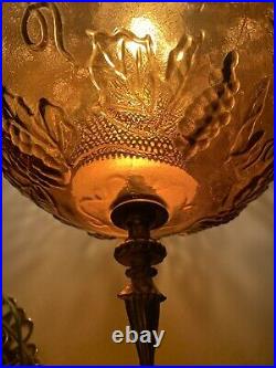 Vtg Mid Century Amber Glass Globe Hanging Swag Lamp Grape Pattern Corded Switch
