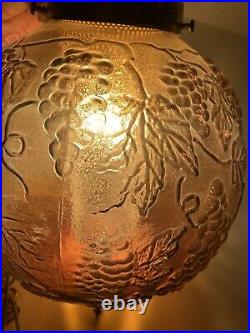 Vtg Mid Century Amber Glass Globe Hanging Swag Lamp Grape Pattern Corded Switch