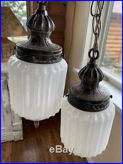 Vtg Mid Century Double Swag Hanging Ceiling Light/Lamp Iridescent Glass EF& EF
