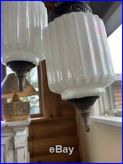 Vtg Mid Century Double Swag Hanging Ceiling Light/Lamp Iridescent Glass EF& EF