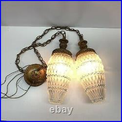 Vtg Mid-Century Glass Hanging Ceiling Light Fixture Double Pineapple Swag Lamp