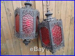 Vtg Mid Century Gothic Spanish Swag Hanging Lamp Red Panels Set of 2 Matching