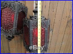 Vtg Mid Century Gothic Spanish Swag Hanging Lamp Red Panels Set of 2 Matching