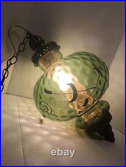 Vtg Mid Century Hanging Ornate Swag Light Lamp Green Glass Globe Diffuser